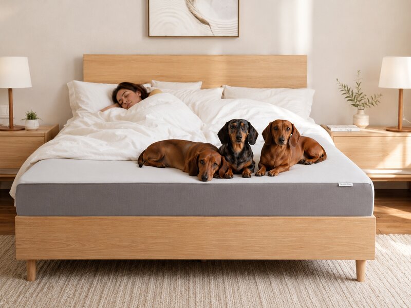 Amazon Basics memory foam mattress on a light wood bed frame in a bright minimalist bedroom