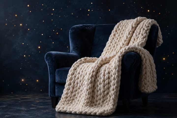 Chunky knit blanket on velvet chair