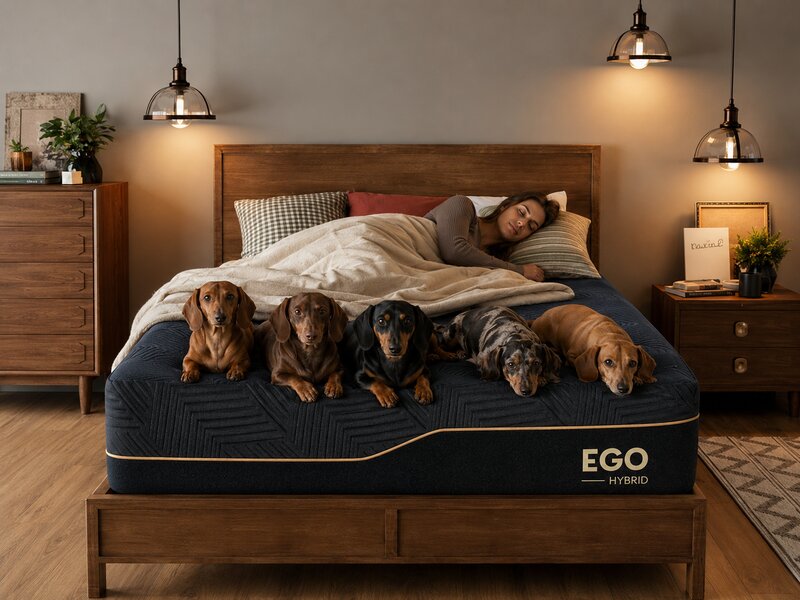 EGO Hybrid mattress with black quilted cover and gold accent stitching on a walnut bed frame with pendant lights