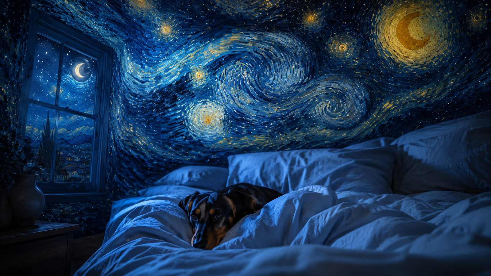 A dachshund resting in soft rumpled bedding, moonlight and a Van Gogh starry night sky visible through the window
