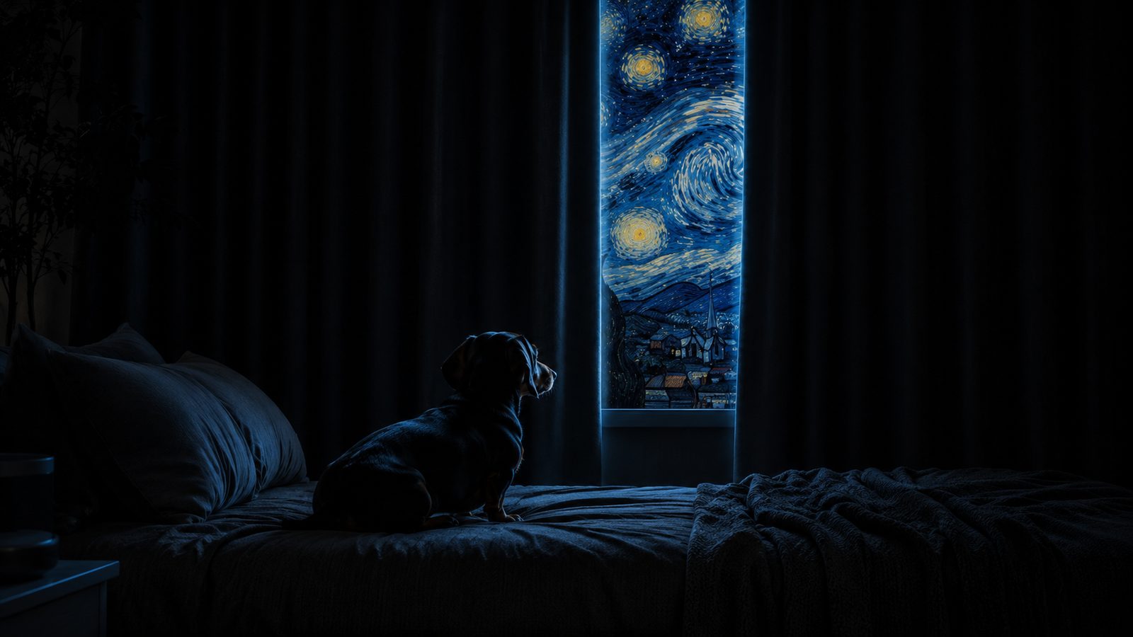 A dachshund silhouette on a bed, backlit by a sliver of Van Gogh starry night sky through nearly closed blackout curtains
