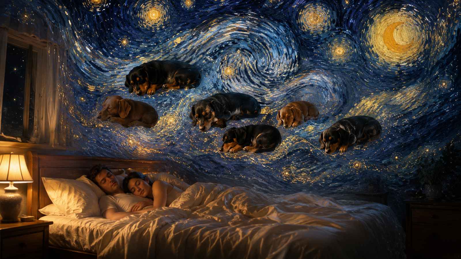 A couple sleeping peacefully together with dreaming dachshunds floating through a Van Gogh starry night sky above the bed