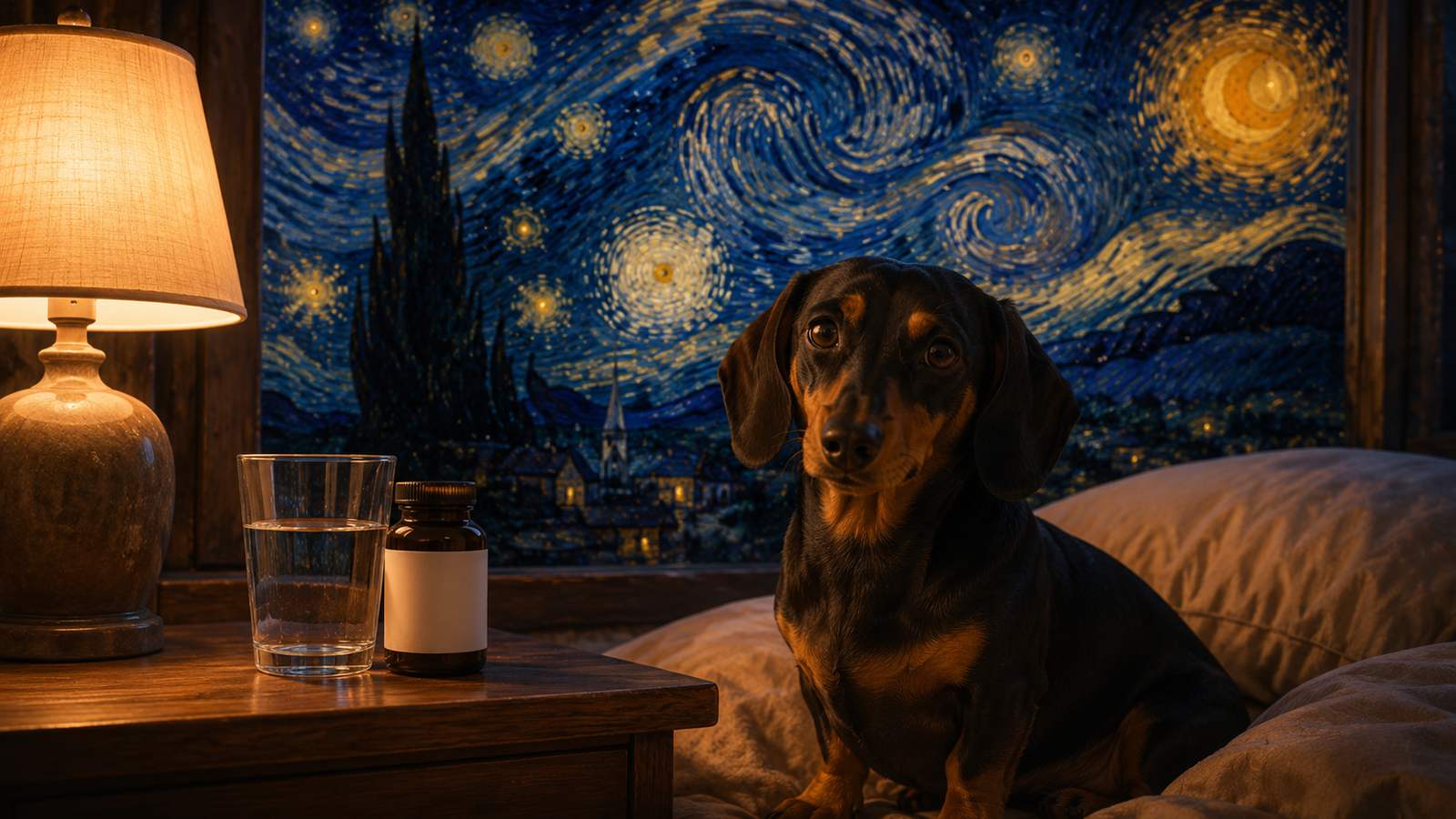 A dachshund beside a nightstand with a glass of water and a supplement bottle, Van Gogh starry night sky through the window