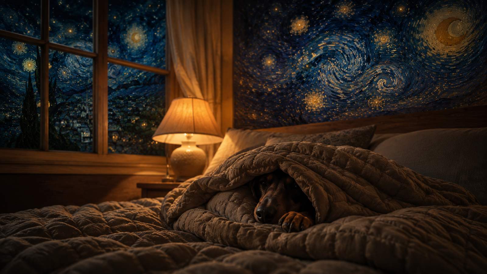 A dachshund snug under a heavy quilted weighted blanket, warm lamplight beside a Van Gogh starry night window