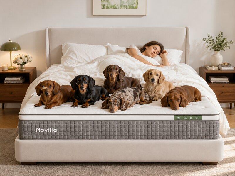 Novilla hybrid mattress with gray sides and white quilted top on a light upholstered bed frame