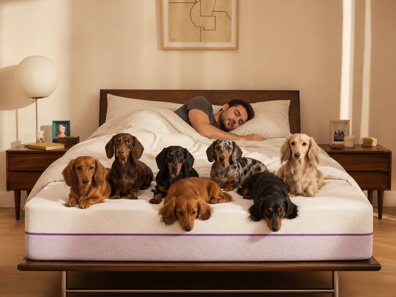 Purple hybrid mattress with GelFlex Grid and signature purple stripe on a dark wood bed frame